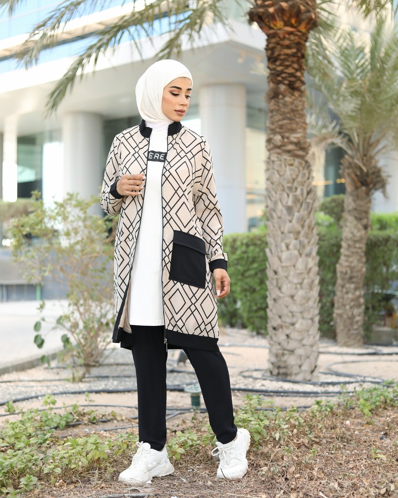 Black and beige long jacket with pants and blouse - 3 pieces