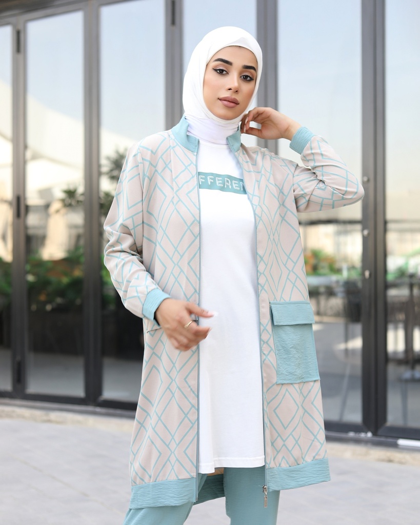 Light turquoise and beige long jacket with pants and blouse - 3 pieces