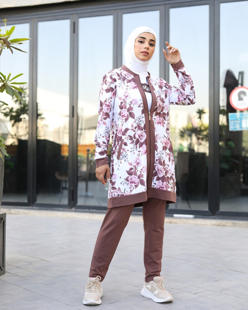 Pink Jacket With Brown Pants - 3 Pieces