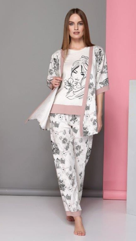 Floral Beige Pajama Robe  Set