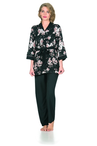 Floral Robe with Black Trouser Set