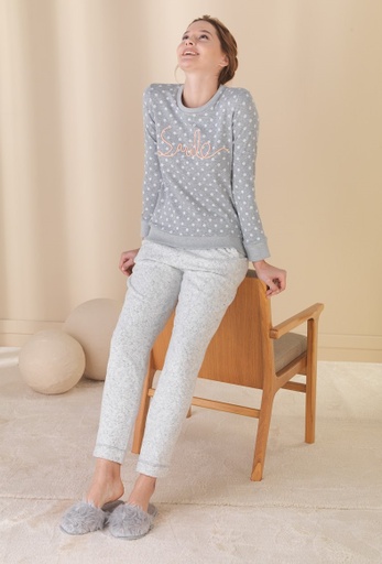 White Dotted Grey Top With Printed Trouser